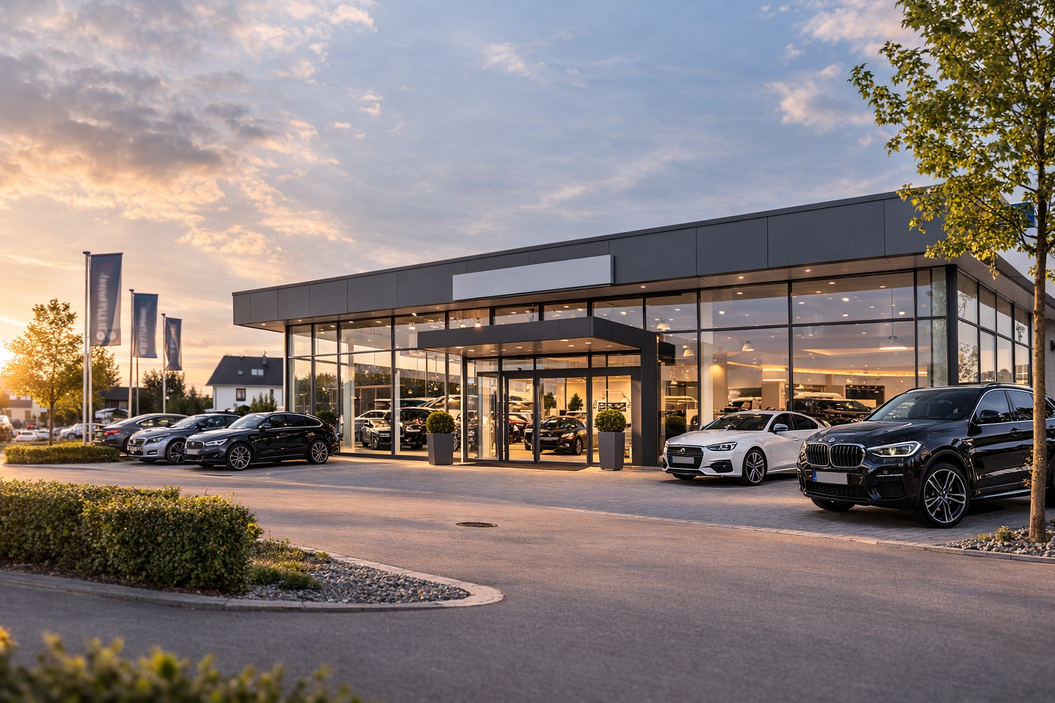 Modernes Autohaus mit Fahrzeugen